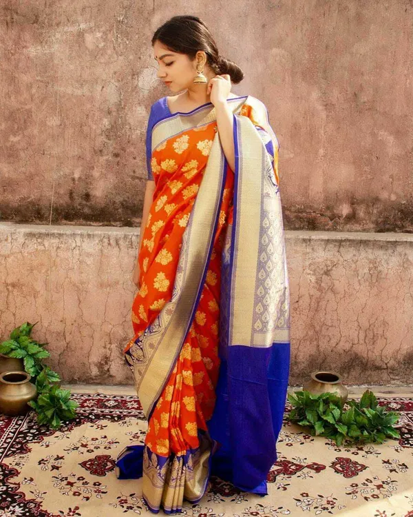 Orange_Embellished_Banarasi_Jacquard_Saree_(Orange)